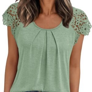 AUTOMET Womens Lace Tops Pleated Short Sleeve Shirts Summer Business Casual Dressy Blouses