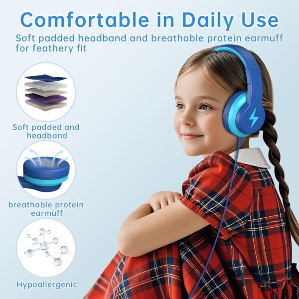 Kids Headphones for School, 2025 Upgrade USB C Kids Headphones, Wired Headphone for kids, 94dB Safe Volume Limited, Foldable Over-Ear Headphone for Boys, Girls /Cellphones /iPad /PC /Travel-Bule - Image 4