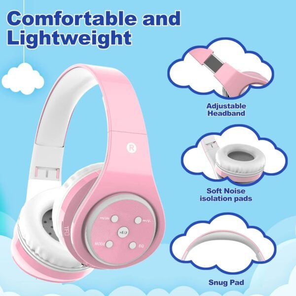 Kids Bluetooth Headphones 85db/110db Volume Limit Wireless/Wired Aux Port Foldable Noise Protection Over-Ear Build-in Mic Headphones for Kids Adults Travel School Phone Pad Tablet PC Pink - Image 3