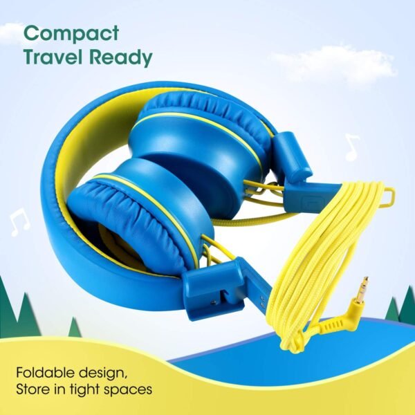 Kids Headphones-Noot Products K33 Foldable Stereo Tangle-Free 5ft Long cord 3.5mm Jack Plug in Wired On-Ear Headset for Children/Teens/Boys/Girls/ipad/School/Kindle/Travel/Plane/Tablet (Electric Blue) - Image 3
