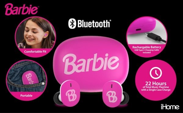 eKids Barbie Wireless Earbuds with Microphone, Bluetooth Earbuds with Charging Case for Ear Buds, Designed for School, Home, or Travel - Image 2
