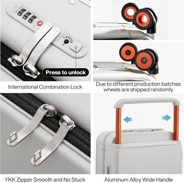 mixi Carry On Luggage Wide Handle Luxury Design Rolling Travel Suitcase PC Hardside with Aluminum Frame Hollow Spinner Wheels, with Cover, 20 inch, Smoke White - Image 4