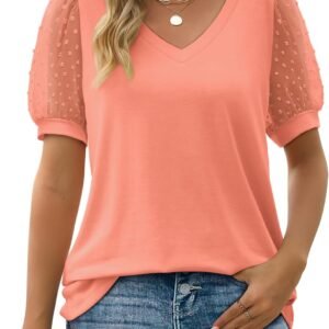 Aokosor Womens Summer Tops V Neck T Shirts Swiss Dot Puff Sleeve Tops Loose Casual Tshirts