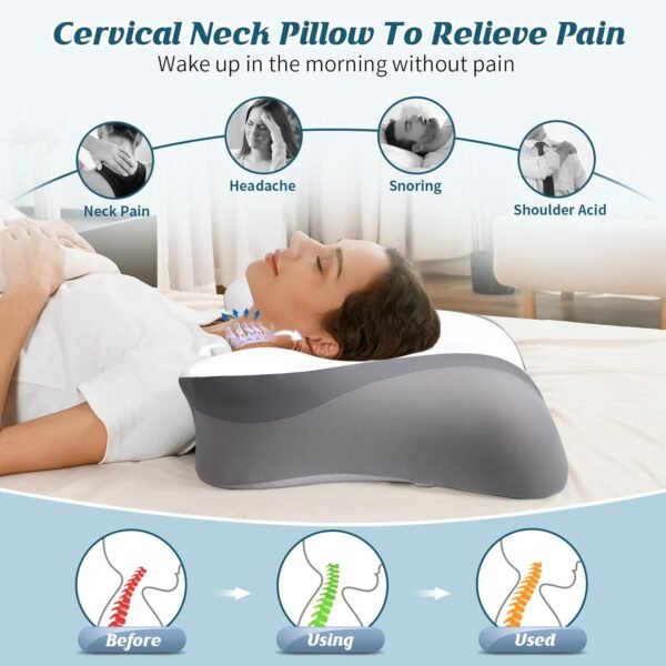 Cervical Neck Pillow for Pain Relief - Ergonomic Side Sleeper Pillow for Sleeping, Contour Orthopedic Bed Pillow for Neck Support, Cooling Memory Foam Pillows for Back Stomach Sleepers with Pillowcase - Image 2