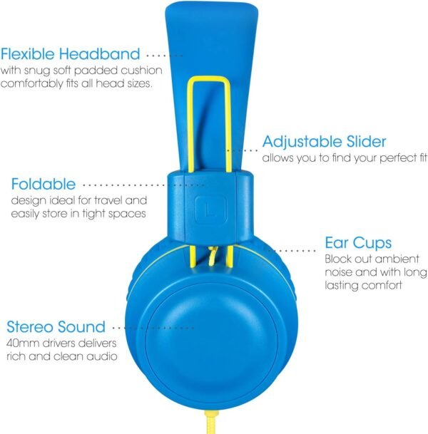 Kids Headphones-Noot Products K33 Foldable Stereo Tangle-Free 5ft Long cord 3.5mm Jack Plug in Wired On-Ear Headset for Children/Teens/Boys/Girls/ipad/School/Kindle/Travel/Plane/Tablet (Electric Blue) - Image 2