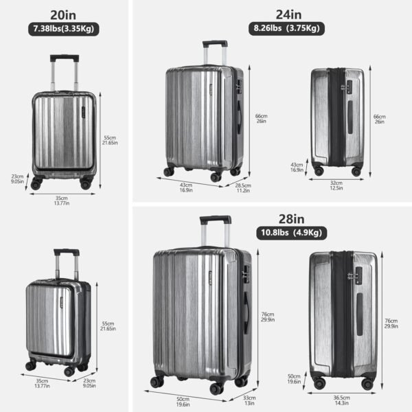 2 Piece Luggage Set 20/28 Inch, 20” Carry On with Front Pocket, 28” with Expandable Zipper, ABS+PC Hardshell Lightweight Suitcase, Silver Gray - Image 7