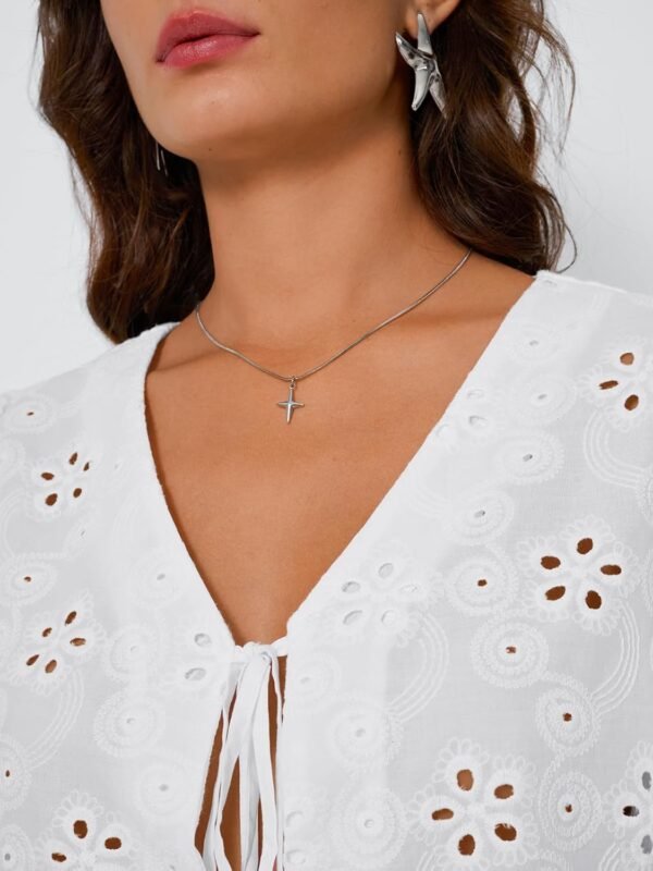 Trendy Queen Womens Tie Front Tops Summer Beach Vacation 2025 Fashion Outfits Short Sleeve Blouses Eyelet Embroidered Clothes - Image 5