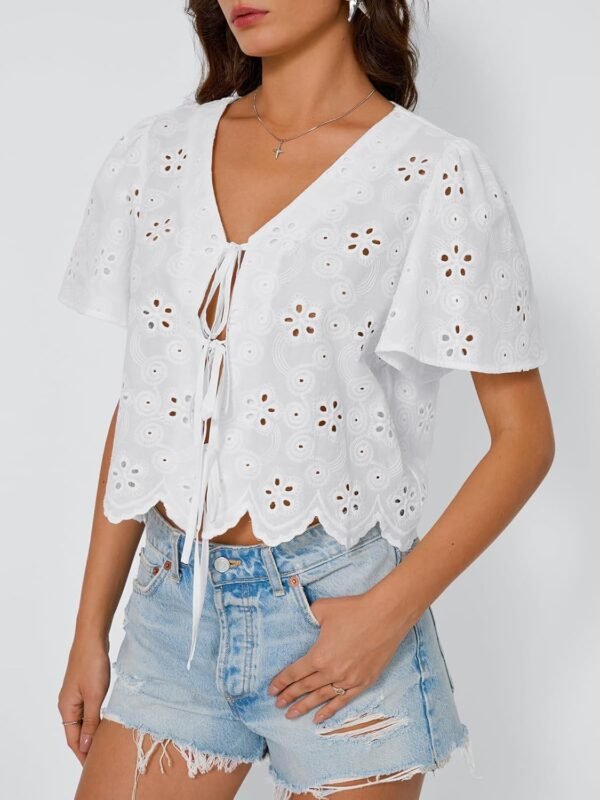Trendy Queen Womens Tie Front Tops Summer Beach Vacation 2025 Fashion Outfits Short Sleeve Blouses Eyelet Embroidered Clothes - Image 3