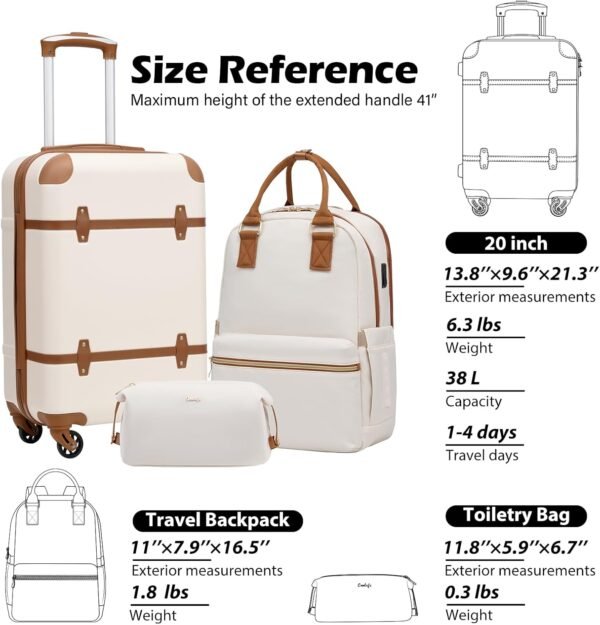 Coolife Luggage Set 3 Piece Suitcase Set Carry On Luggage Hardside Luggage TSA Lock Spinner Wheels Telescopic Handle (White, 3 piece set (BP/TB/20)) - Image 7