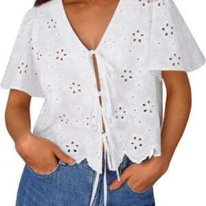 Trendy Queen Womens Tie Front Tops Summer Beach Vacation 2025 Fashion Outfits Short Sleeve Blouses Eyelet Embroidered Clothes