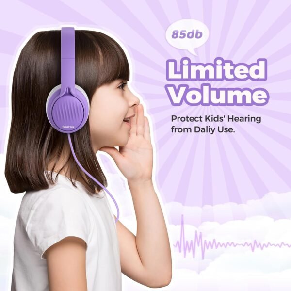 TuneFlux Upgraded Kids Headphones, Wired Toddler Headphones, 85dB Limited Volume On Ear Headphones, Portable Foldable Design, Stereo Sound Kids Headsets for School/Tablet/Travel-Purple - Image 2