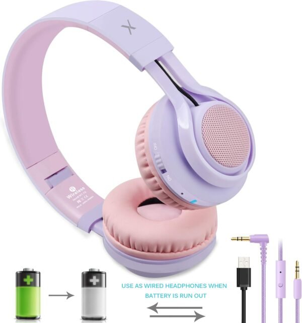 Riwbox WT-7S Kids Bluetooth Headphones Light Up, Foldable Stero Wireless Headset with Microphone and Volume Control for PC/Tablet/TV/Travel (Purple) - Image 4