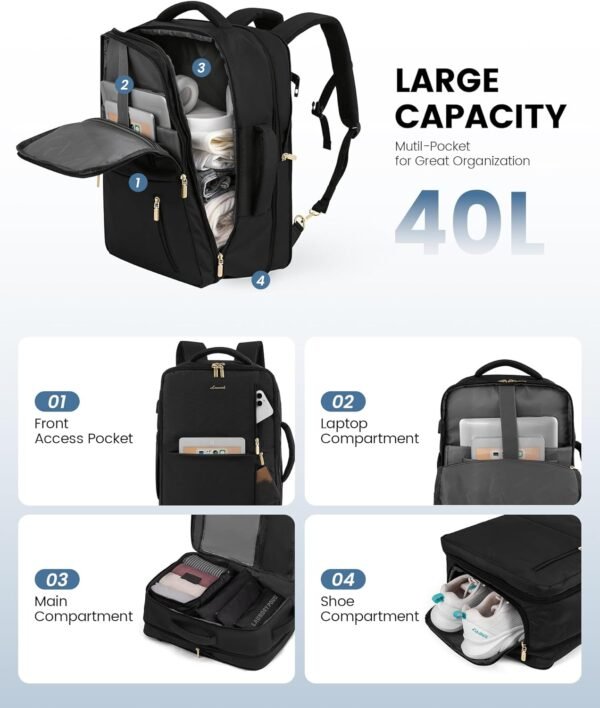 LOVEVOOK 40L Travel Backpack With 3 Packing Cubes Expandable Large Laptop Backpack Women Waterproof Backpack Waterproof Daypack Travel Bag TSA Fit 17inch Laptop Luggage With USB Charging Port - Image 3