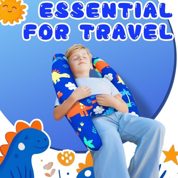 Car Pillow for Kids, H-Shape Car Back Seat Kids Travel Pillow for Sleeping, Adjustable Neck, Head, and Body Support Cushion for Long Trips, Travel Car Seat Pillow for Children(Blue Dinosaur) - Image 6