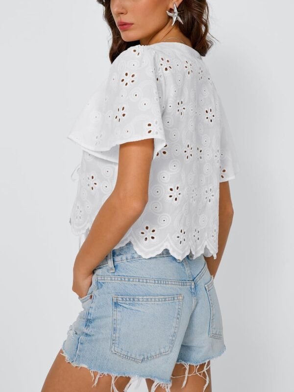 Trendy Queen Womens Tie Front Tops Summer Beach Vacation 2025 Fashion Outfits Short Sleeve Blouses Eyelet Embroidered Clothes - Image 4