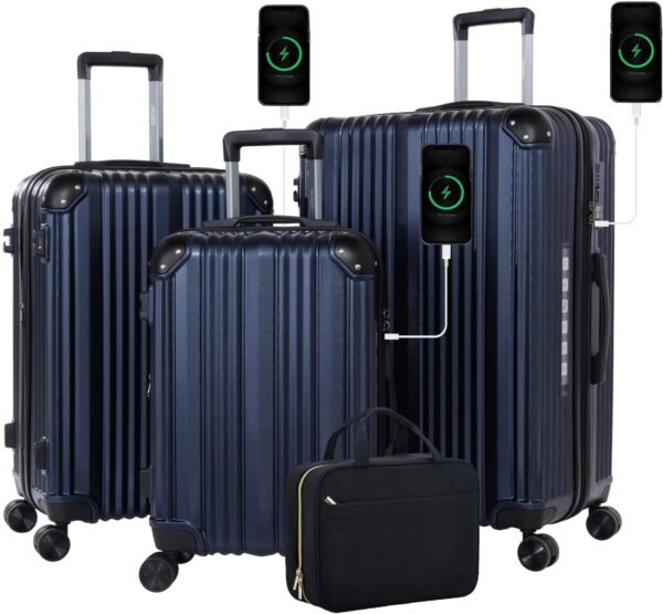 Luggage,Luggage Sets 3 Piece,Travel Carry-on Luggage with USB Port,Hard Sided Luggage With Spinner Wheels,20/24/28-inch Suitcases with Corner Protectors,TSA Approved Expandable Suitcases Sets, Blue