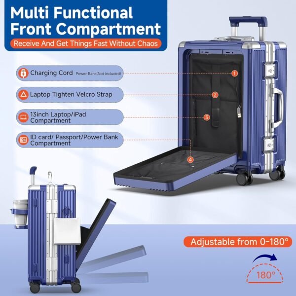 Airline Approved Carry On Luggage with Spinner Wheels,Aluminum Framed Carry On Suitcase with Front Laptop Compartment/Cup Holder,22×14×9 inch Checked-in Luggage with Flexible Handle (Blue) - Image 3