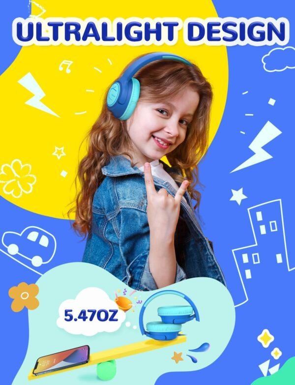 iClever Kids Headphones with Cord, 85dBA Safe Volume Wired Headphones for Kids, Stereo Sound Foldable Adjustable, 3.5mm Jack, Over Ear Kid Headphone for School/Boys/Girls/iPad/Tablet/Travel, Blue - Image 4