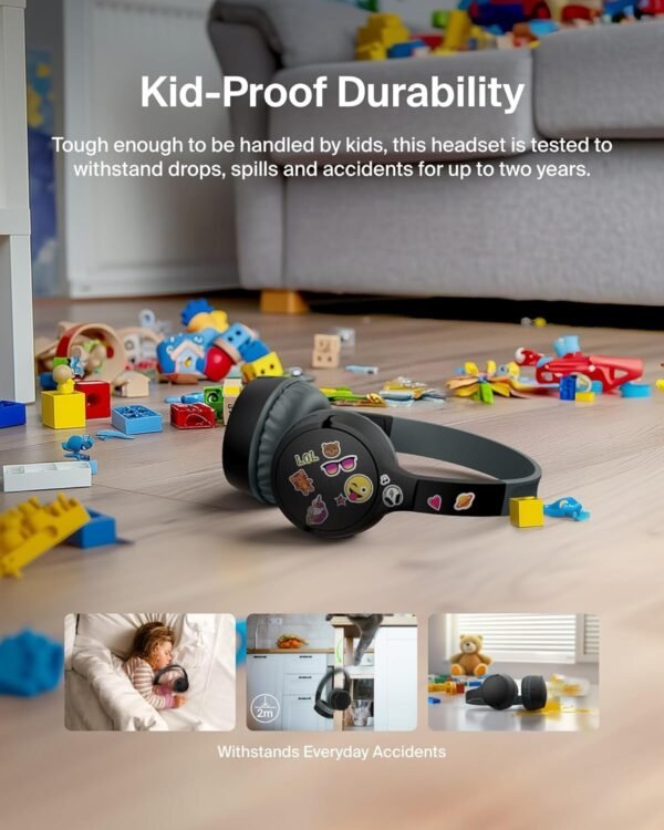 Belkin SoundForm Mini Kids Wireless Headphones w/Built-in Microphone, 30H of Playback Time, & Fun Stickers - Over-Ear Headsets for Online Learning, School, Travel, iPhone, iPad, Galaxy & More - Black - Image 4