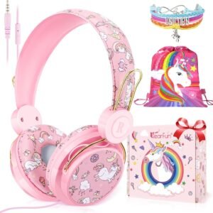 QearFun Unicorn Headphones for Girls Kids for School, Kids Wired Headphones with Microphone & 3.5mm Jack, Teens Toddlers Noise Cancelling Headphone with Adjustable Headband for Tablet/Smartphones