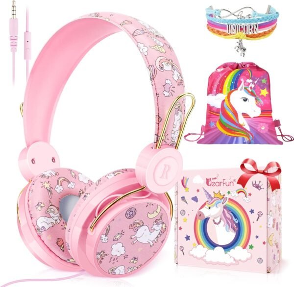 QearFun Unicorn Headphones for Girls Kids for School, Kids Wired Headphones with Microphone & 3.5mm Jack, Teens Toddlers Noise Cancelling Headphone with Adjustable Headband for Tablet/Smartphones
