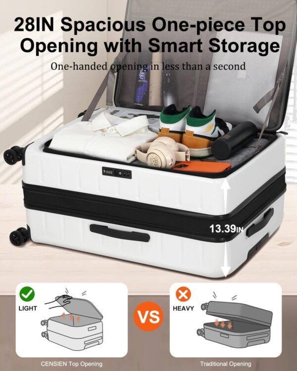 Expandable Checked Luggage, 28 Inch Luggage with Spinner Wheels, Lightweight ABS+PC Hard Shell Large Suitcase with Top Opening, TSA Lock (White, 1PC) - Image 3