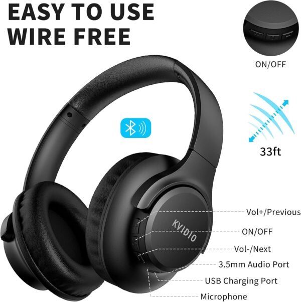 KVIDIO Bluetooth Headphones Over Ear, 65 Hours Playtime Wireless Headphones with Microphone, Foldable Lightweight Headset with Deep Bass, HiFi Stereo Sound for Travel Work Cellphone - Image 6
