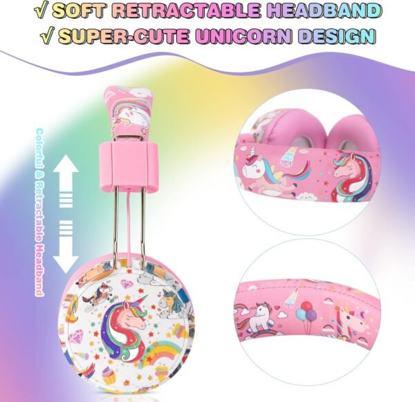 QearFun Unicorn Bluetooth Headphones for Girls - with Microphone & 3.5mm Jack, Adjustable Headband for Kids Teens Toddlers, School iPad Tablet PC Smartphones Compatible (Pink) - Image 2