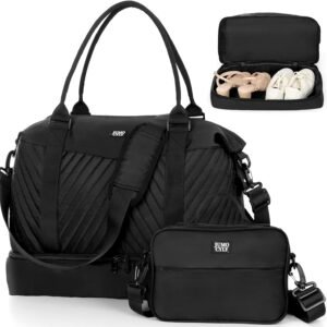 Travel Duffle Bag,Weekender Bags for Women,Gym Bag with Shoe Compartment,Overnight Carry On Bags for Airplanes,Shoulder Duffel Tote with Toiletry,Large Personal Item Travel Bag Black