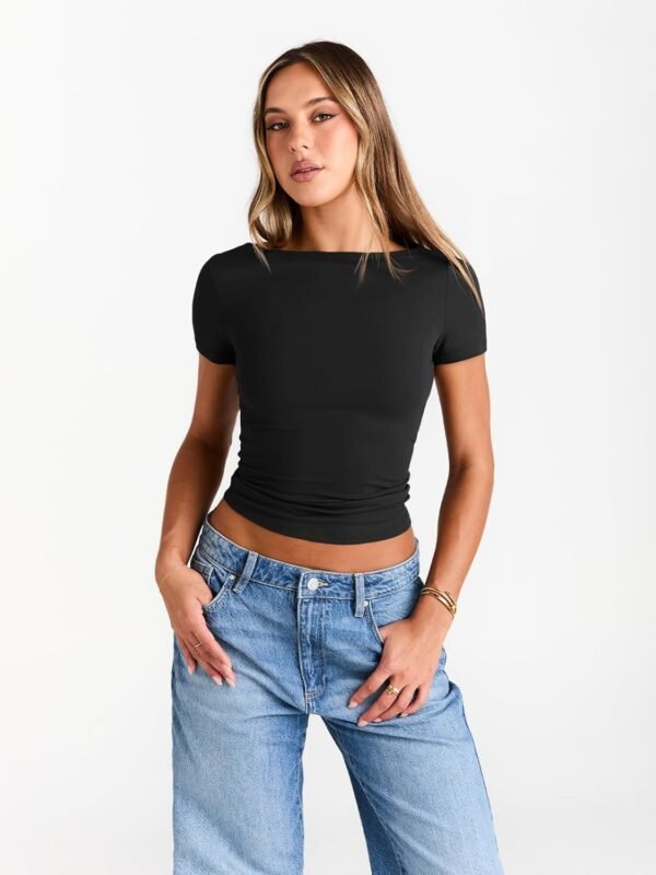 Trendy Queen Womens Boat Neck Tops Short Sleeve T-Shirts Slim Fitted Compression Summer Y2k Basic Clothes 2025 - Image 2