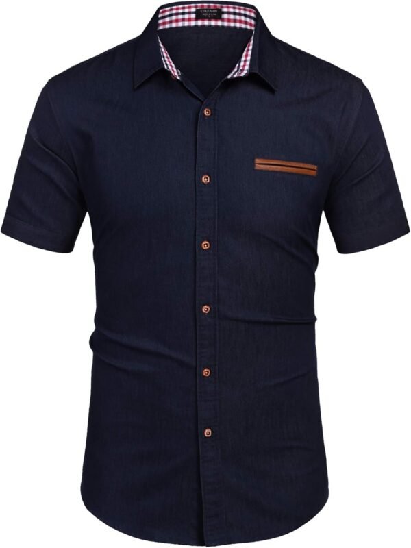 COOFANDY Men's Casual Short Sleeve Button Down Dress Shirt Plaid Collar Denim Work Shirts - Image 2