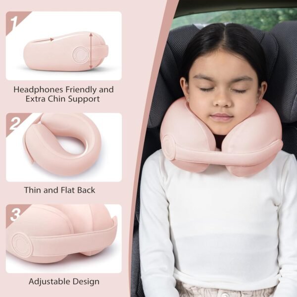Car Pillow for Big Kids Travel Neck Pillows, Memory Foam Neck Support Travelling Pillow with Washable Cotton Pillowcases and Storage Bag, for Airplane, Train, Flight and Home Use Pink - Image 3