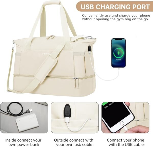 ETRONIK Gym Bag for Women, Personal Item Travel Bag with Shoes Compartment, Weekender Overnight Duffel Bag with Wet Pocket & USB Charging Port, Carry On Bag for Women, Travel, Gym, Weekend (Beige) - Image 6