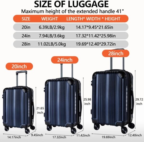 Luggage,Luggage Sets 3 Piece,Travel Carry-on Luggage with USB Port,Hard Sided Luggage With Spinner Wheels,20/24/28-inch Suitcases with Corner Protectors,TSA Approved Expandable Suitcases Sets, Blue - Image 9