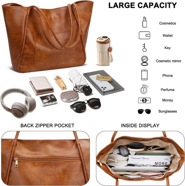 KKXIU Large Tote Bag for Women with Zipper Work Leather Travel Purse and Handbags - Image 4