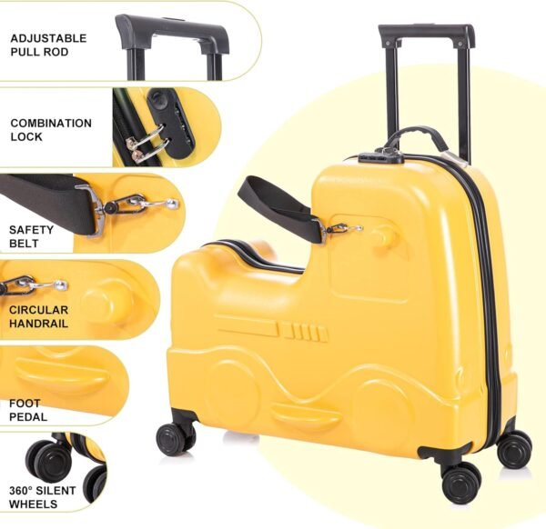 22 inch Kids Ride On Luggage with Safety Belt,Travel Luggage for Child with Combination Lock,Tollder Luggage with Spinner wheels and Cover (Yellow) - Image 2