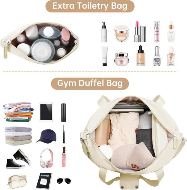 ETRONIK Gym Bag for Women, Personal Item Travel Bag with Shoes Compartment, Weekender Overnight Duffel Bag with Wet Pocket & USB Charging Port, Carry On Bag for Women, Travel, Gym, Weekend (Beige) - Image 4