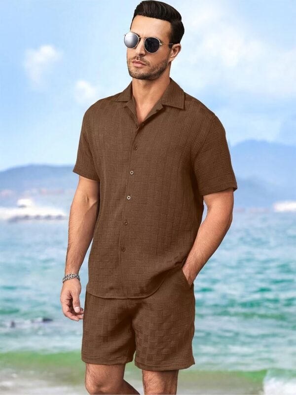 Mens 2 Piece Outfits Summer Beach Set Short Sleeve Button Down Textured Shirts and Shorts Sets Casual Resort Wear - Image 4