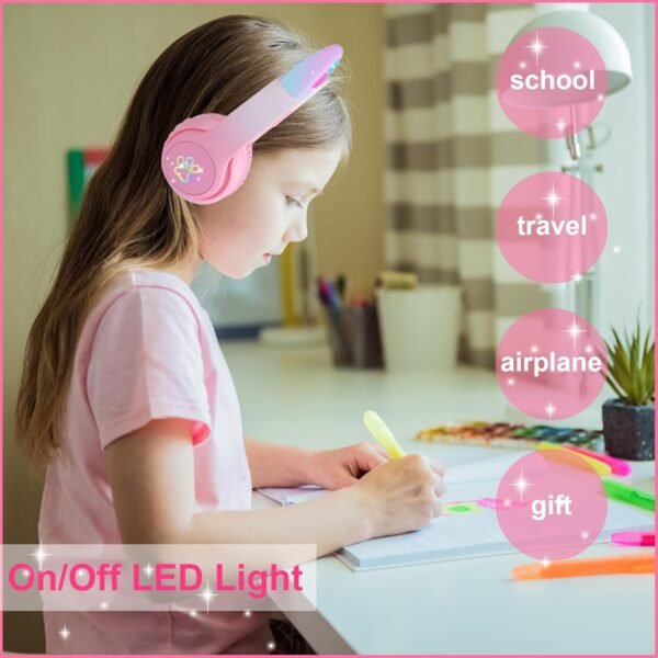 Cat Ear Kids Bluetooth Headphones for Girls Children Teens, LED Light Up Wireless/Wired Mode Foldable Stereo Girls Headphones with Built-in Mic for School Birthday Xmas Gift (Pink) - Image 2