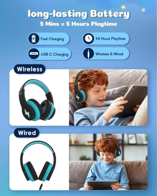 seenda Kids Bluetooth Headphones Boys, Kids Wireless Headphones with 85/94dB Volume Limited, 45H Playtime, 3 Lighting Modes, Built-in Mic, Over Ear Headset with Aux Cord for iPad/Tablet/Travel/School - Image 3