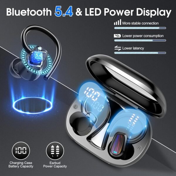OYIB Wireless Earbuds Bluetooth 5.4 Headphones Sport, Stereo Deep Bass Bluetooth Earbuds with Earhooks, 50H Over Ear Bud with ENC Mic, IP7 Waterproof Wireless Earphone for Workout/Running, Deep Black - Image 4