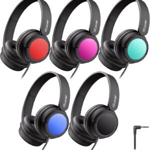 iClever Kids Wired Headphones for School Students K-12 & Teachers, Durable PP Material, Tangle Free, Kids Headphones with Cord Multiple Folding Options Suitable for School/Home/Travel, Bulk 5Pack