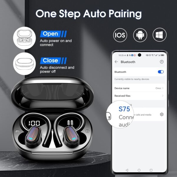 OYIB Wireless Earbuds Bluetooth 5.4 Headphones Sport, Stereo Deep Bass Bluetooth Earbuds with Earhooks, 50H Over Ear Bud with ENC Mic, IP7 Waterproof Wireless Earphone for Workout/Running, Deep Black - Image 5