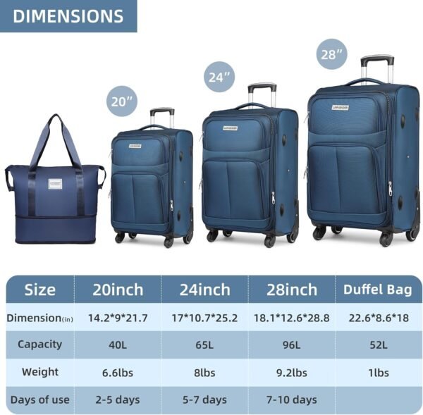 LARVENDER Luggage Sets 5 Piece Softside Expandable Suitcases Set with Spinner Wheels TSA Lock, Lightweight Soft Shell Rolling Travel Luggage Set Clearance for Men and Women, Navy Blue - Image 5