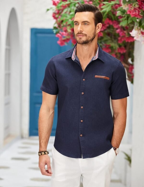 COOFANDY Men's Casual Short Sleeve Button Down Dress Shirt Plaid Collar Denim Work Shirts - Image 3