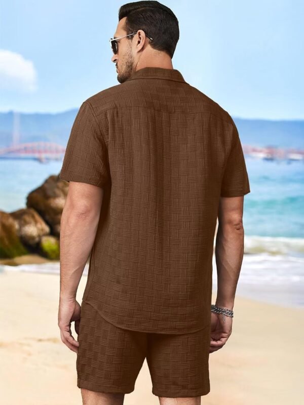 Mens 2 Piece Outfits Summer Beach Set Short Sleeve Button Down Textured Shirts and Shorts Sets Casual Resort Wear - Image 3