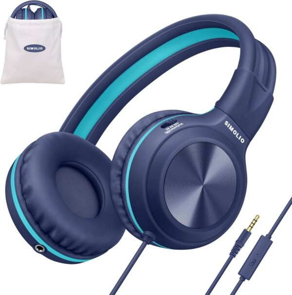 SIMOLIO Wired Kids Headphones for School with Microphone, Volume Limiting & Noise Cancelling PC Headset with Cord, Plug in Headphones for Tablet, Laptop (Navy Blue)