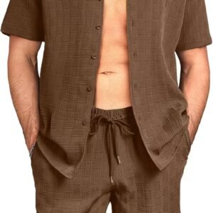 Mens 2 Piece Outfits Summer Beach Set Short Sleeve Button Down Textured Shirts and Shorts Sets Casual Resort Wear