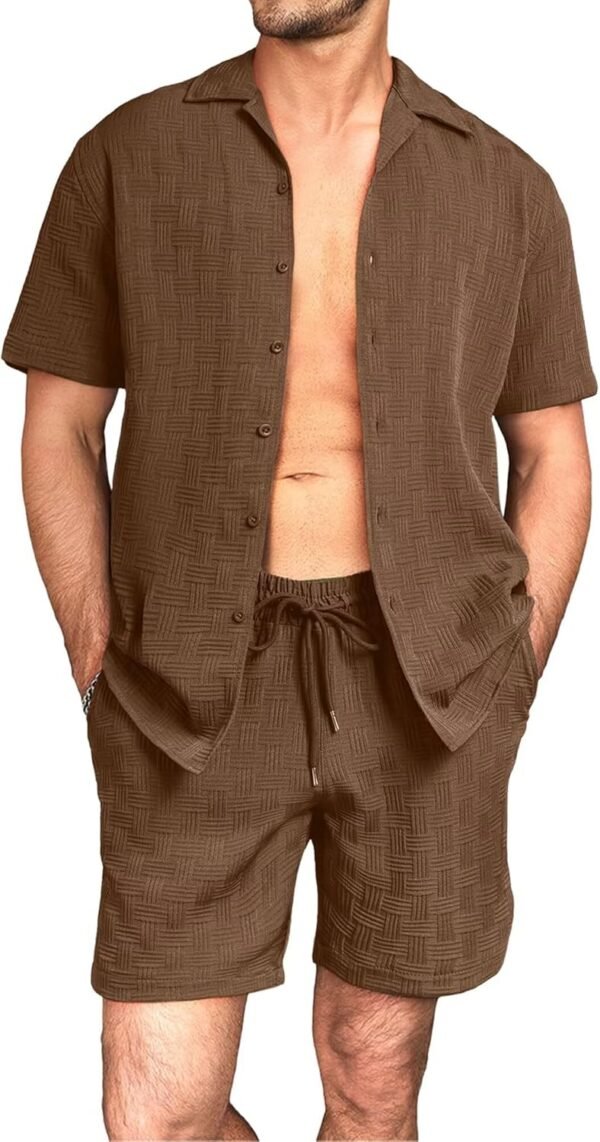 Mens 2 Piece Outfits Summer Beach Set Short Sleeve Button Down Textured Shirts and Shorts Sets Casual Resort Wear