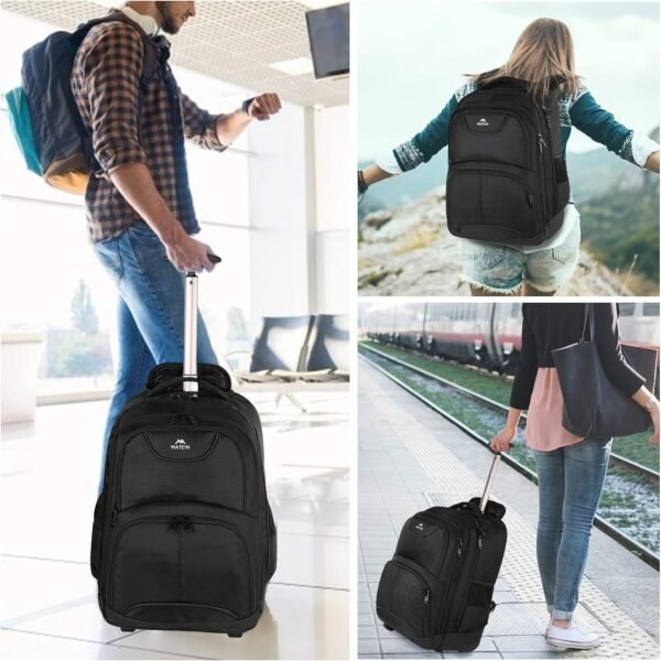 MATEIN Rolling Backpack, 17 inch Water Resistant Wheeled Laptop Backpack, Carry on Luggage Business Bag, Overnight College Computer Bag Trolley Suitcase for Men Women Adults to Travel, Black - Image 8